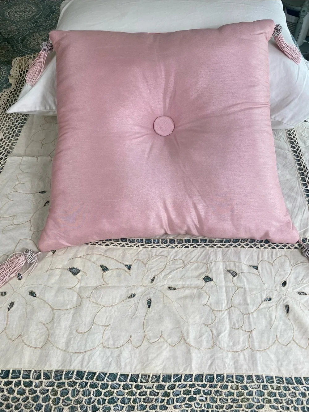 Vintage Pink Silk Accent Pillow w/ silver medallion and tassels 60s 70s